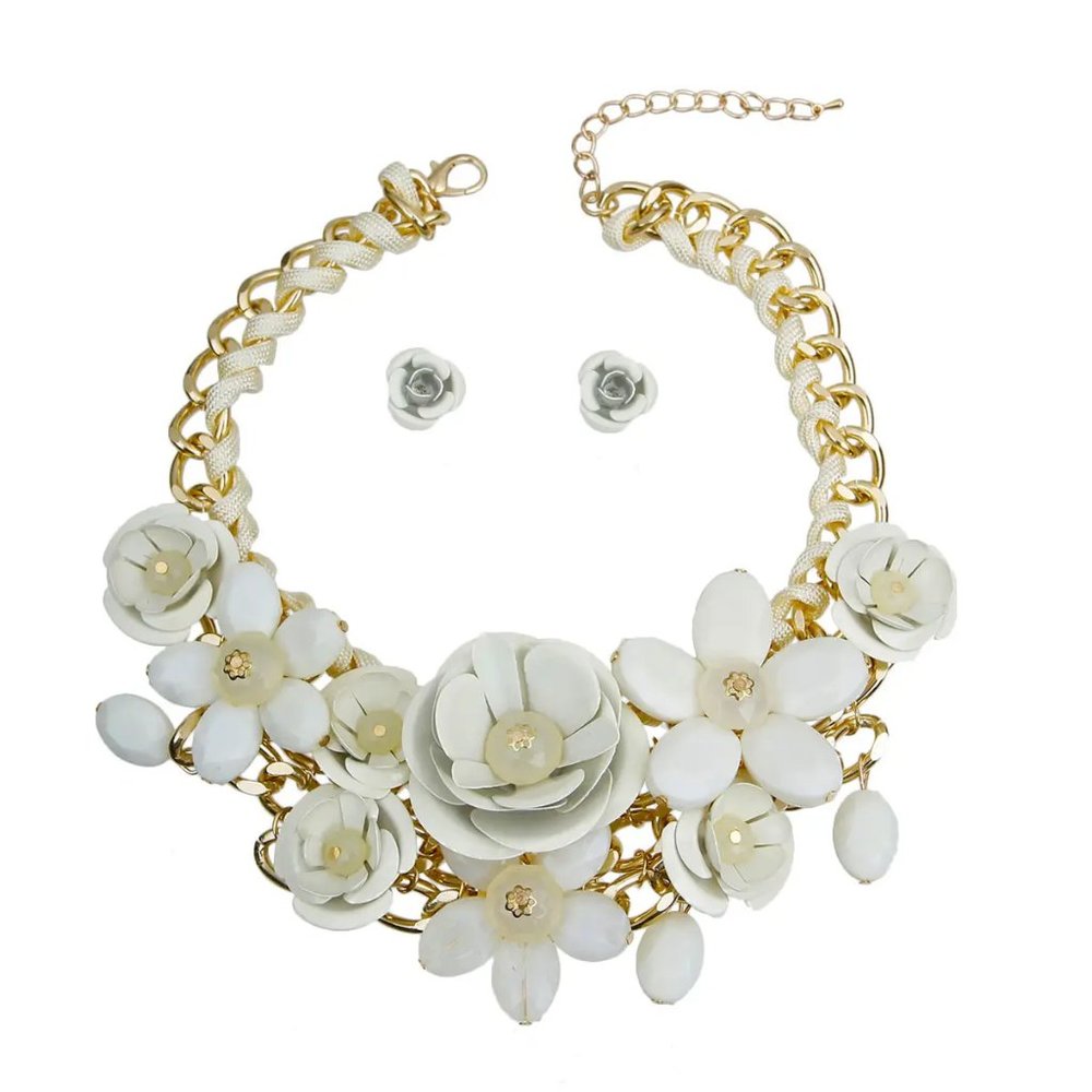 Cream Rose Chunky Collar Gold Necklace Gift  Set